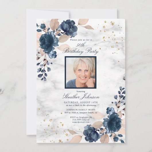 Any Age Blue金ゴールドフローラ大理石フォト誕生日 招待状 (正面)
