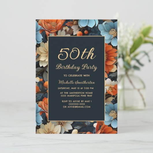 Any Age Blue Orange花50誕生日 招待状 (スタンド正面)