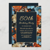 Any Age Blue Orange花50誕生日 招待状 (正面/裏面)