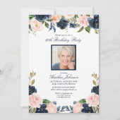 Any Age Blue Pinkフローラフォトバースデーパーティー 招待状 (正面)