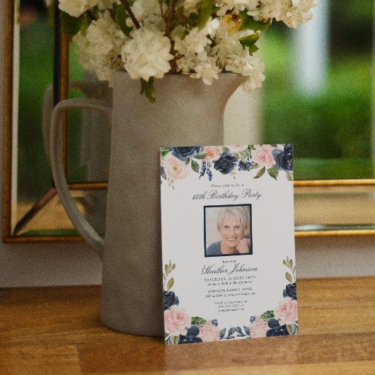 Any Age Blue Pinkフローラフォトバースデーパーティー 招待状