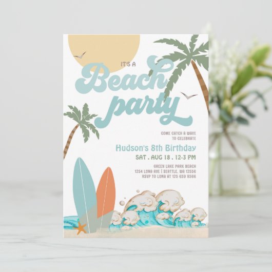 ANY AGE Boyサーフィンビーチパーティー誕生日パーティー 招待状 (スタンド正面)