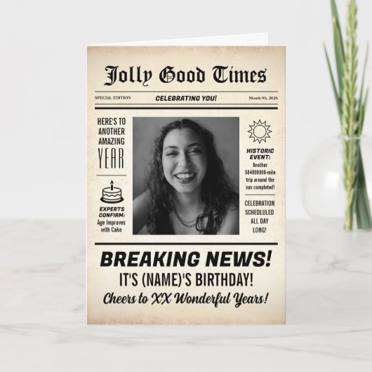 Any Age, Custom Photo, Vintage Newspaper Birthday カード (正面)