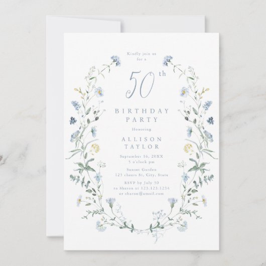 Any Age Dusty Blue Wildflower Boho 50誕生日 招待状 (正面)