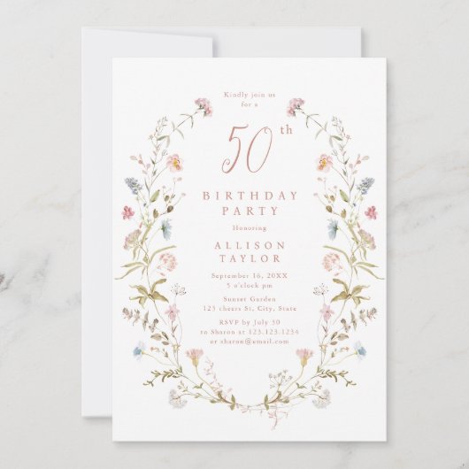 Any Age Dusty Pink Wildflower Boho 50誕生日 招待状 (正面)