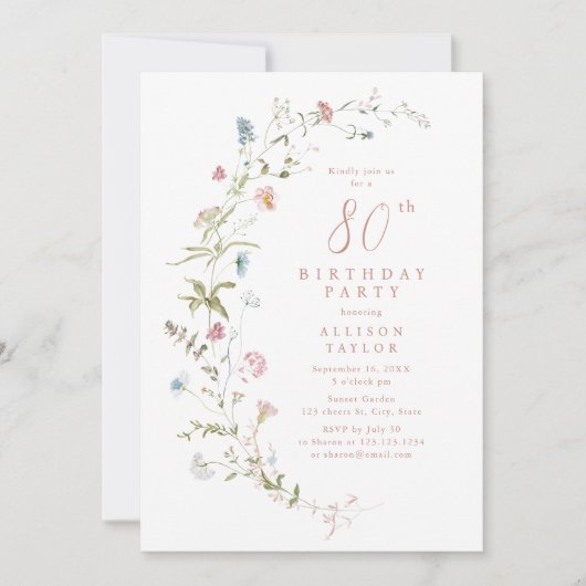 Any Age Dusty Pink Wildflower Boho 80誕生日 招待状 (正面)