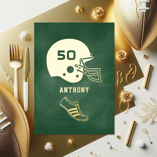 Any Age Green and Football Birthday Party 箔招待状