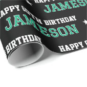 Any Age Happy Birthday Retro Custom Green Black ラッピングペーパー (ロールコーナー)