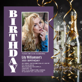 Any Age Lavenderモダン White Photo Birthdayパーティー 招待状