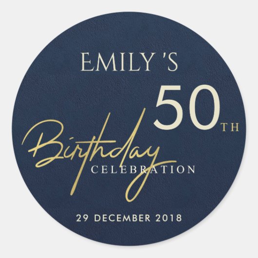 ANY AGE NAVYシンプル金ゴールドタイポグラフィ誕生日 ラウンドシール (正面)