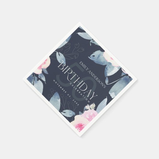 ANY AGE NAVYソフト赤面ブルーフローラ50番目の誕生日 スタンダードカクテルナプキン (角)