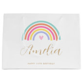 Any Age Rainbow Loveハート名パーソナライズされた女 ラージペーパーバッグ (正面)