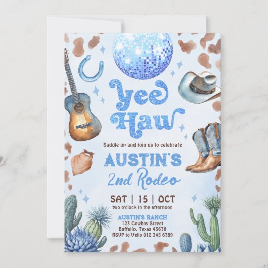 ANY AGE RODEOカウボーイブルーブラウン誕生日招待状 招待状 (正面)