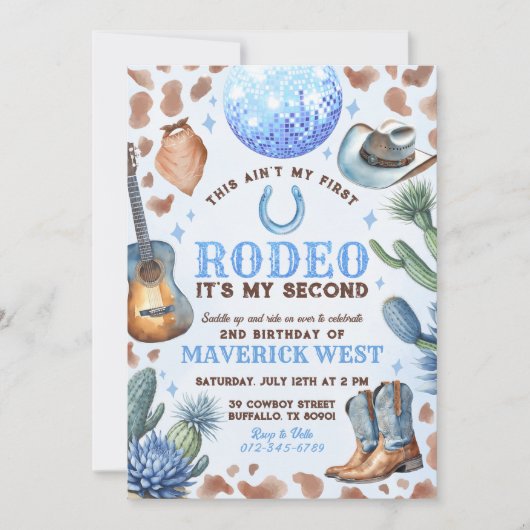 ANY AGE RODEOカウボーイブルーブラウン誕生日 招待状 (正面)