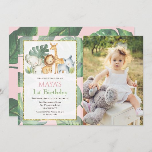 ANY AGE - Safari Animals Jungle写真誕生日 招待状 (正面/裏面)
