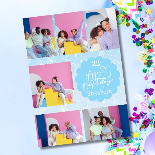 Any Age Snowy Blue 7フォトコラージュ誕生日カード