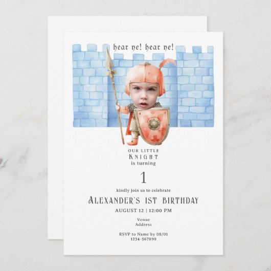 Any Age Toddlers中世の騎士の写真誕生日 招待状 (正面/裏面)