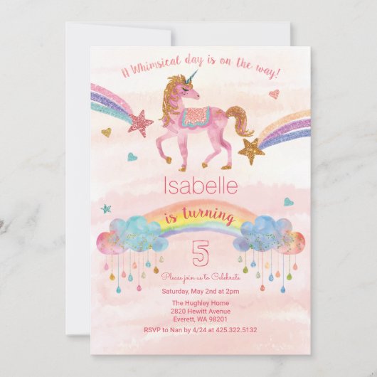 ANY AGE - Unicornグリッター誕生日招待状 招待状 (正面)