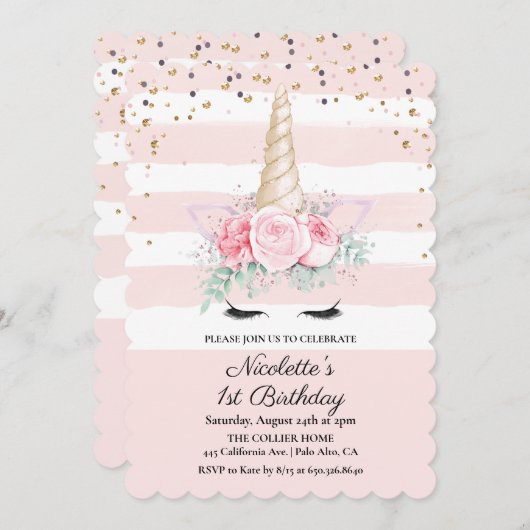 ANY AGE - Unicornフローラ誕生日招待状 招待状 (正面/裏面)
