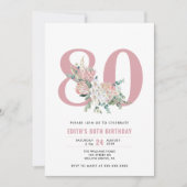 Any Age Waterカラーフローラピンク80誕生日 招待状 (正面)