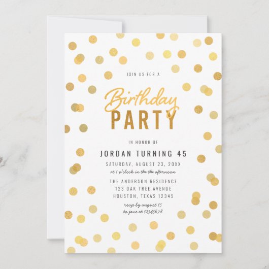 Any Age White & フェイク金ゴールド紙吹雪誕生日パーティー 招待状 (正面)