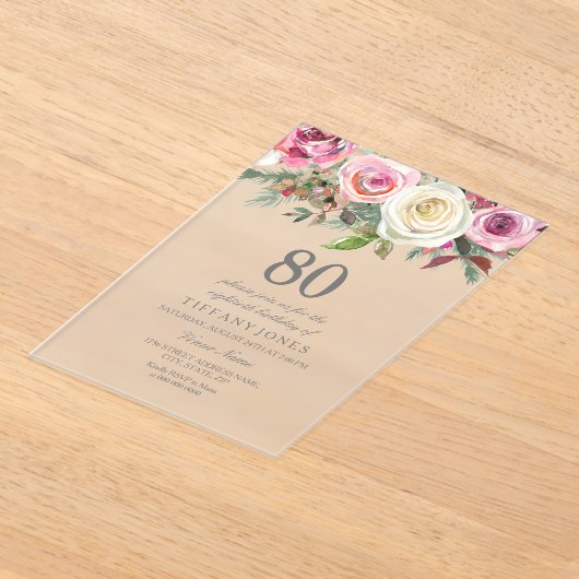 Any Age White Roseフローラ80誕生日招待状 アクリル招待状 (レイダウン)