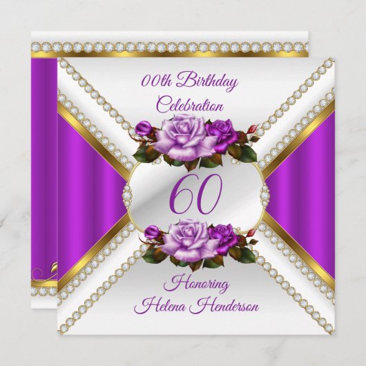 Any Age Women Birthday Partyホワイト金ゴールド薄紫バラ 招待状 (正面/裏面)