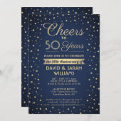 ANY Anniversary応援ネイビーブルーと金ゴールド紙吹雪 招待状 (正面/裏面)