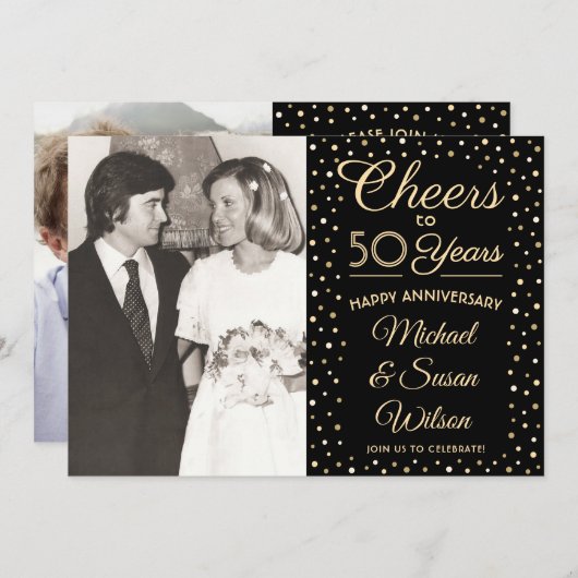 ANY Anniversary 2フォト応援ブラック&金ゴールドパーティー 招待状 (正面/裏面)