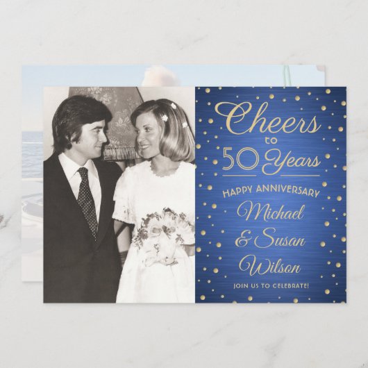 ANY Anniversary 2 Photo応援ブルーと金ゴールドパーティー 招待状 (正面/裏面)