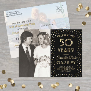 ANY Anniversary Save the Date 2 Photo Black & 金ゴール インビテーションポストカード