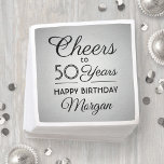 ANY Birthday Cheers Elegant Black & Faux Silver スタンダードカクテルナプキン<br><div class="desc">Add an elegant personalized touch to birthday party decorations with stylish black and faux silver foil paper napkins. Design features modern script calligraphy editable "Cheers to 50 Years" on a simple and stylish metallic foil look background. This template is set up for a 50th birthday celebration, but is simple to...</div>