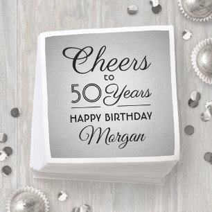 ANY Birthday Cheers Elegant Black & Faux Silver スタンダードカクテルナプキン