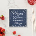 ANY Birthday Cheers Navy Blue and Silver Glitter スタンダードカクテルナプキン<br><div class="desc">Add an elegant personalized touch to birthday party decorations with custom navy blue and white paper napkins. Design features modern script calligraphy customizable "Cheers to 50 Years" and silver faux glitter confetti dots on a navy blue background. This template is set up for a 50th birthday celebration, but is simple...</div>