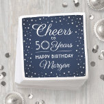 ANY Birthday Cheers Navy Blue and Silver Glitter スタンダードカクテルナプキン<br><div class="desc">Add an elegant personalized touch to birthday party decorations with custom navy blue and white paper napkins. Design features modern script calligraphy customizable "Cheers to 50 Years" and silver faux glitter confetti dots on a navy blue background. This template is set up for a 50th birthday celebration, but is simple...</div>