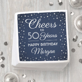 ANY Birthday Cheers Navy Blue and Silver Glitter スタンダードカクテルナプキン