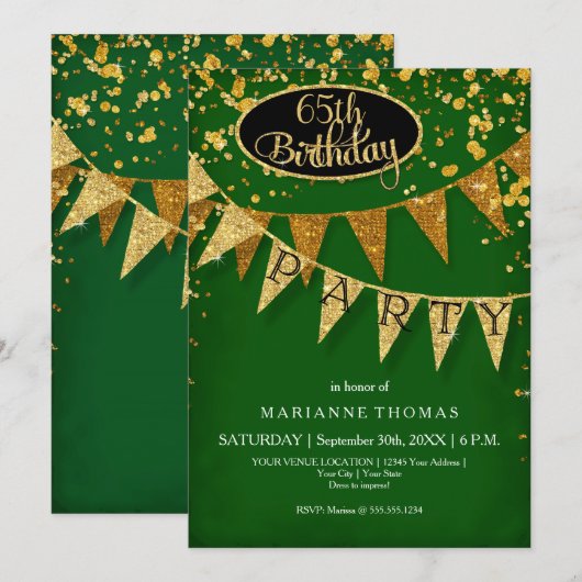 Any Birthday Emerald Gold Pennant Banner Confetti 招待状 (正面/裏面)