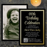 Any Birthday Party QRコード&フォトブラックと金ゴールド 箔招待状<br><div class="desc">招待状の家族や友人エレガントは、彼または彼女のためのスタイリッシュお祝いにカスタムQRコードRSVPとの写真のバースデーパーティ招待状。写真とこのテンプレートの言葉はシンプルすべてカスタマイズだ。(画像の配置のヒント：写真を正確に中央に配置する簡単方法は、Zazzleウェブサイトにアップロードする前にトリミングする。 デザインは実在金ゴールドホイル、ヴィンテージス縁どト書、クラシックタイパーライタスタイルタイポグラフィ、お好きな写真を1つ備えている。QRコードを携帯電話でスキャンすることにより、ゲストは直接パーティーのウェブサイトに送信され、招待に応答する。オンラインのrsvpプロセス減らは、カードがメールに失った入る可能性がある。また、食事の選択、食物アレルギー、曲の要求など頼の詳細な情報を得ることができるように、より汎用性が高い。すべてのレスポンス情報を削除カスタマイズすることができる。この招待はスタイリッシュお客頼様の今後のお祝いに親切に返信する方法である。このカードテンプレートは、任意の年またはイベントタイプにパーソナライズする簡単であり、男性または女性に適している。ハッピーバースデー!</div>