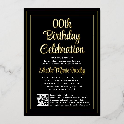 Any Birthday Party QR Code & Photo 実在 Black and  箔招待状 (正面)