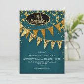 Any Birthday Peacock Blue Gold Confetti Pennant 招待状 (スタンド正面)