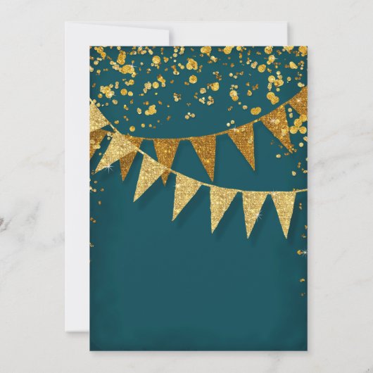 Any Birthday Peacock Blue Gold Confetti Pennant 招待状 (裏面)