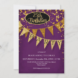 Any Birthday Purple Gold Confetti Pennant Banner 招待状