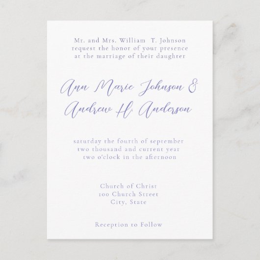 Any Color 結婚's Periwinkle Blue招待状 インビテーションポストカード (正面)