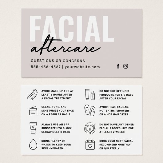 Any Color Facial Aftercare Instructionsカード (正面&裏面)