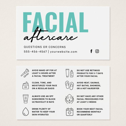 Any Color Facial Aftercare Instructionsカード (正面&裏面)