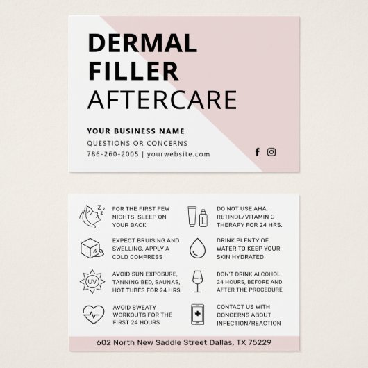 Any Color Pink Dermal Filler Aftercare Card (正面&裏面)