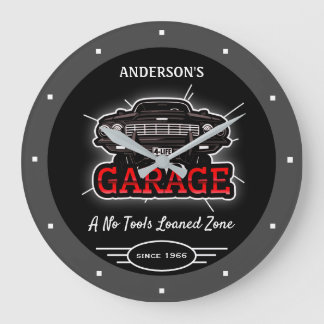 Any Name Garage Gare Car Since Date Gray Black ラージ壁時計