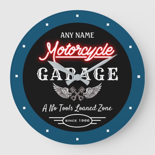 Any Name Red Faux Neon Garage Date Blue Black ラージ壁時計 (正面)