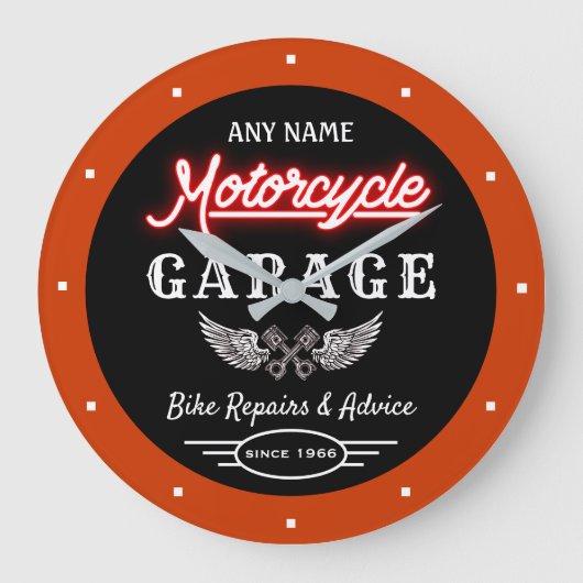 Any Name Red Faux Neon Garage Date Orange Black  ラージ壁時計 (正面)