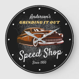 Any Name Speed Shop、スローガン・ビンテージ・カーオン・ブラック  ラージ壁時計